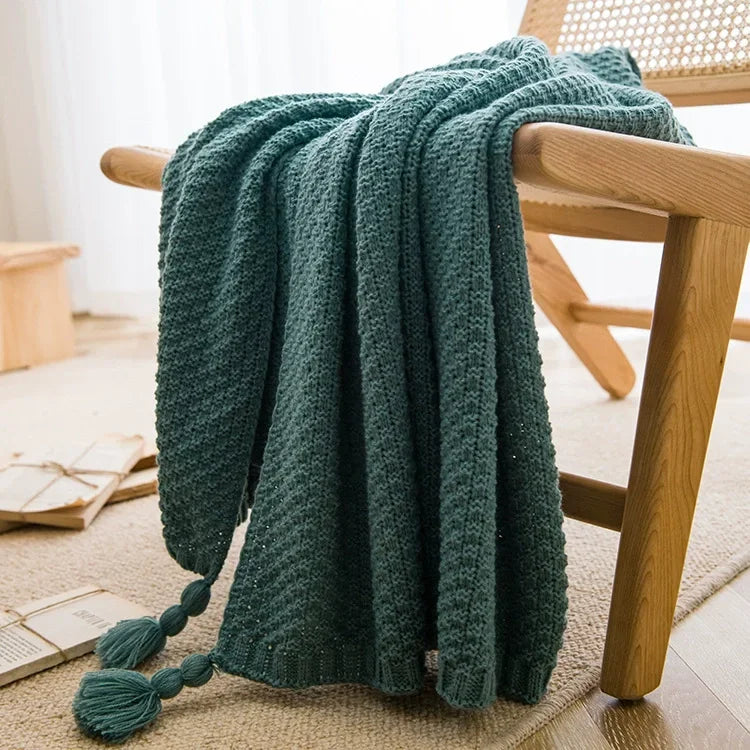 1PC Nordic Knit Blankets for Bed Sofa Couch Chunky Bedspread Knitted Throw Blanket with Tassel Waffle Embossed Blanket Peitto