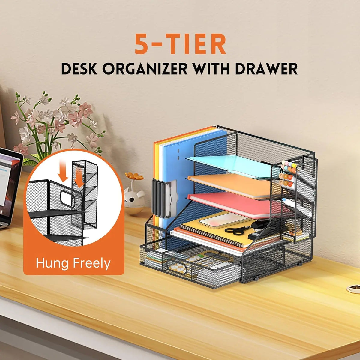 Mesh Desk Organizer Five Tier Letter Tray with File Holder Pen Holder Sliding Drawer Storage
