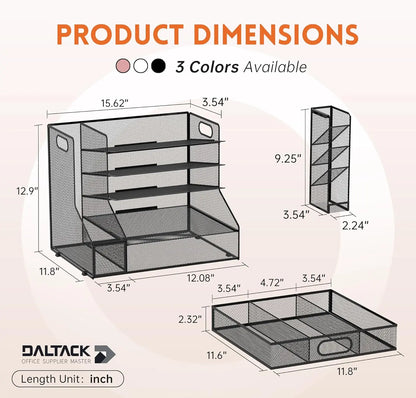 Mesh Desk Organizer Five Tier Letter Tray with File Holder Pen Holder Sliding Drawer Storage