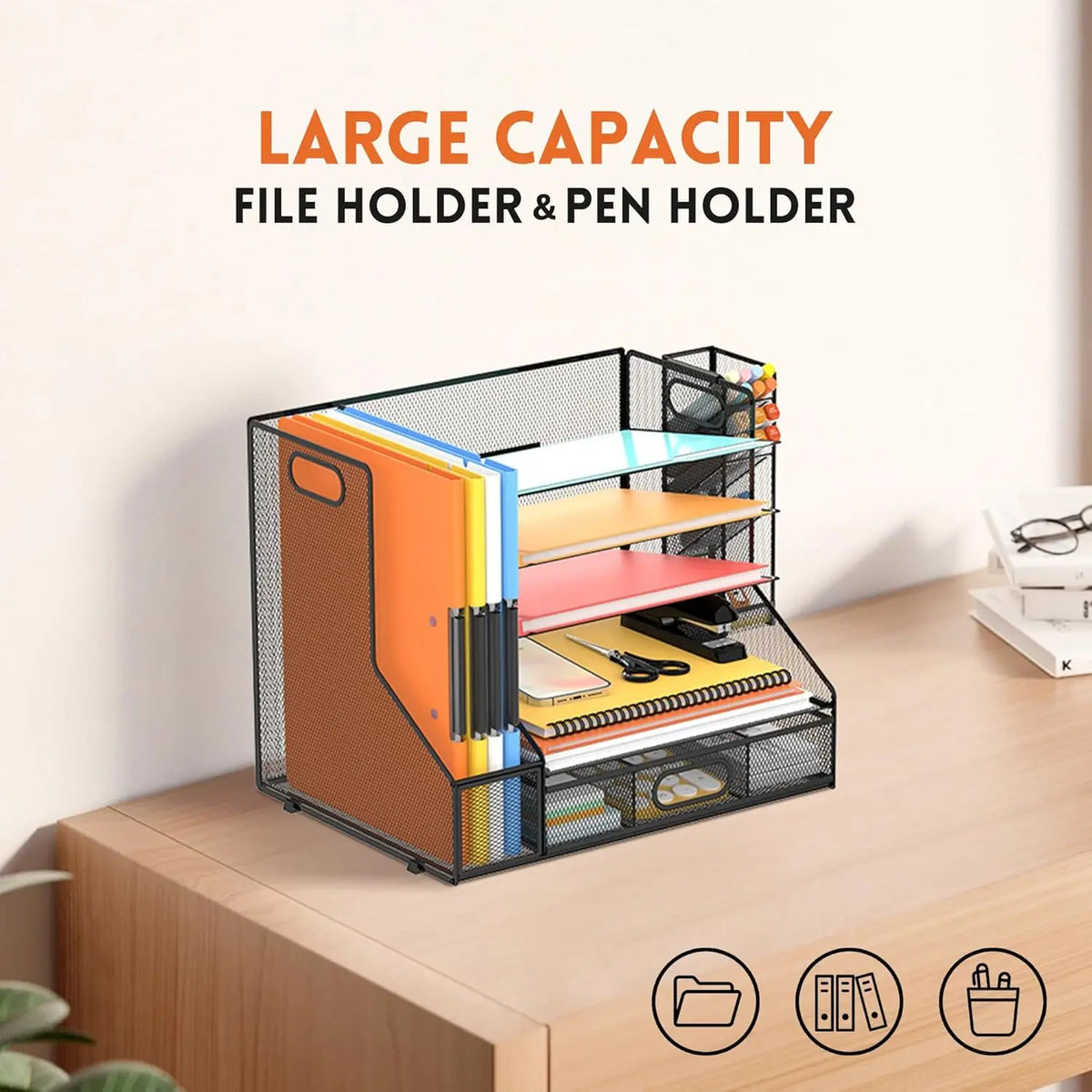Mesh Desk Organizer Five Tier Letter Tray with File Holder Pen Holder Sliding Drawer Storage