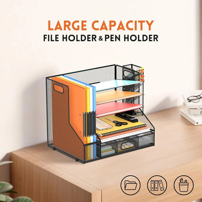 Mesh Desk Organizer Five Tier Letter Tray with File Holder Pen Holder Sliding Drawer Storage