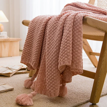 1PC Nordic Knit Blankets for Bed Sofa Couch Chunky Bedspread Knitted Throw Blanket with Tassel Waffle Embossed Blanket Peitto
