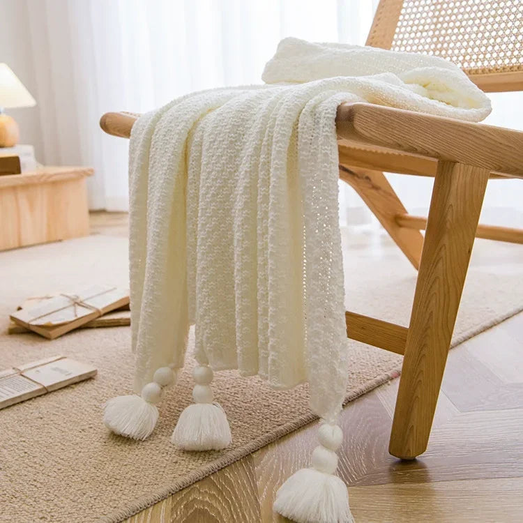 1PC Nordic Knit Blankets for Bed Sofa Couch Chunky Bedspread Knitted Throw Blanket with Tassel Waffle Embossed Blanket Peitto