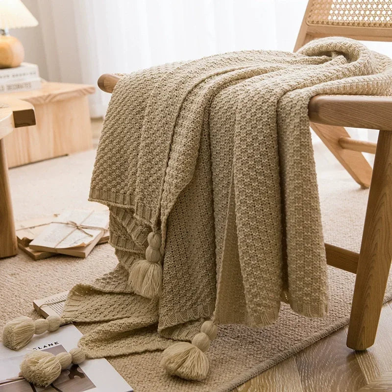 1PC Nordic Knit Blankets for Bed Sofa Couch Chunky Bedspread Knitted Throw Blanket with Tassel Waffle Embossed Blanket Peitto