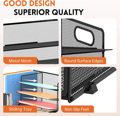 Mesh Desk Organizer Five Tier Letter Tray with File Holder Pen Holder Sliding Drawer Storage
