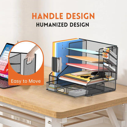 Mesh Desk Organizer Five Tier Letter Tray with File Holder Pen Holder Sliding Drawer Storage